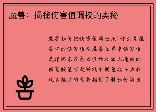 魔兽：揭秘伤害值调校的奥秘